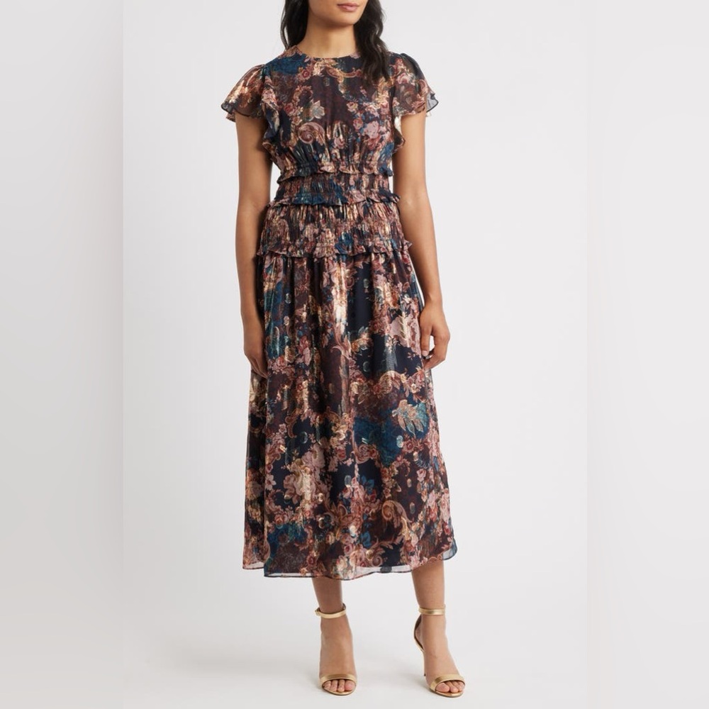 Eliza J Metallic Floral Flutter Sleeve Midi Dress Navy Multi Size 4 NWT